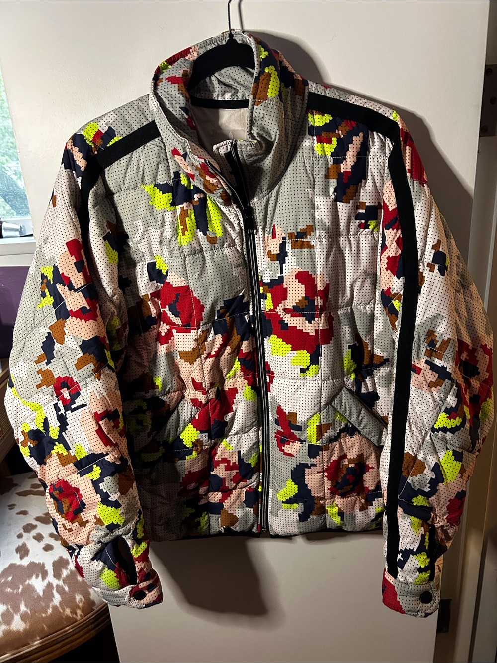 Free People Multicolor Quilted Puffer Jacket in White, Red, Neon Yellow & Navy